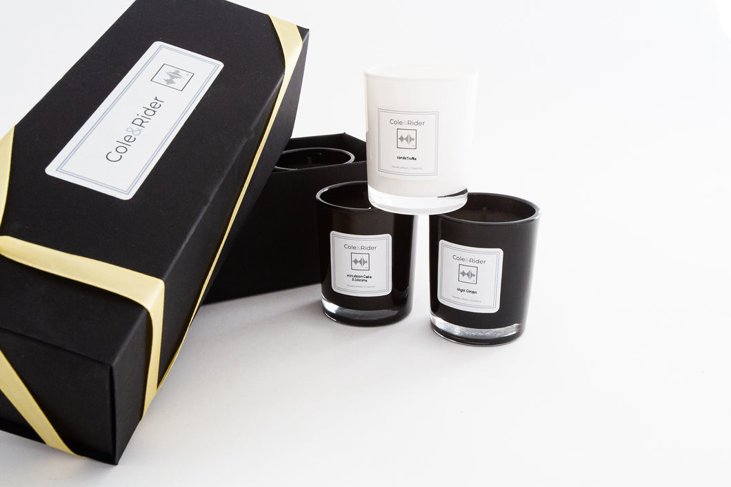 Cole&Rider Trio Gift Set. 3 votive candles in our beautiful black and white designer glass. Presented in a deluxe gift box tied with a lemon ribbon